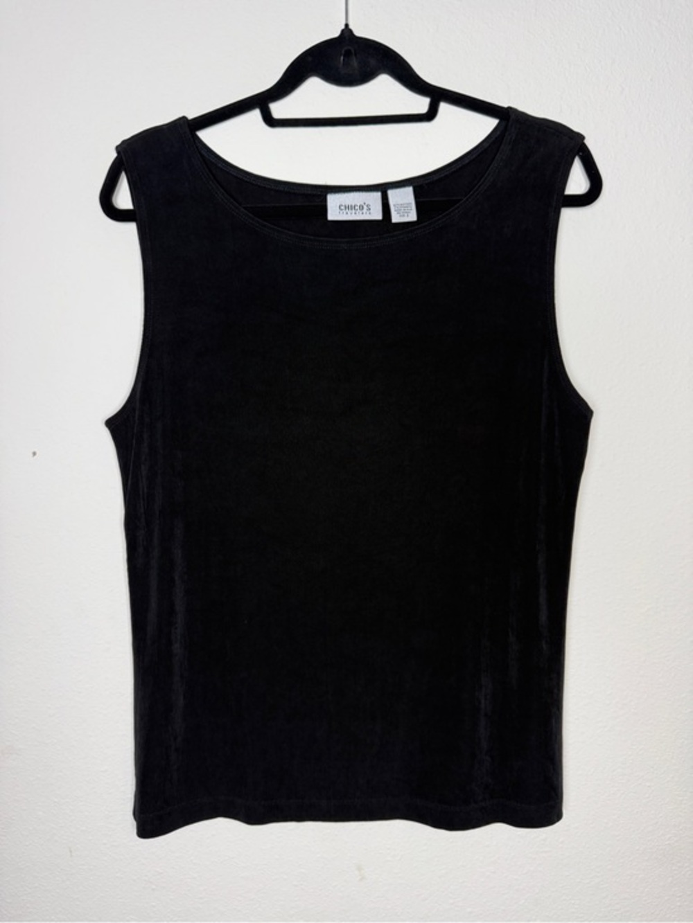 Chicos Travelers Tank Top Size 3 L XL Black Acetate Slinky Knit Scoop Neck